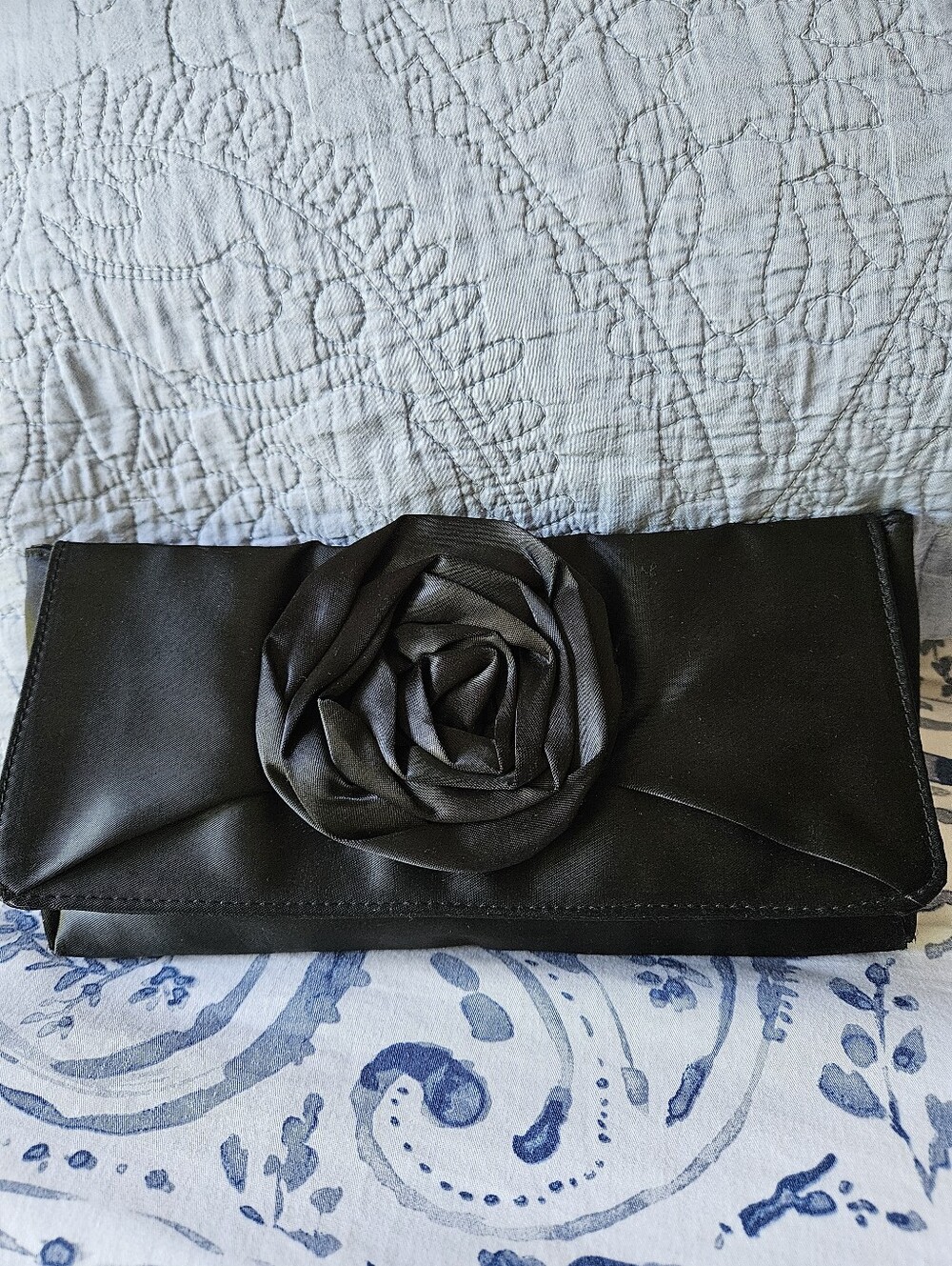 J. Crew Black Satin Floral Rosette Clutch